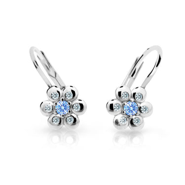 Dětské náušnice Danfil kytičky C2247 z bílého zlata s kamínkem Arctic Blue, zapínání klapka