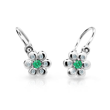 Dětské náušnice Danfil kytičky C2247 z bílého zlata s kamínkem Emerald Green, zapínání brizura