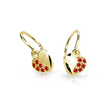 Dětské náušnice Danfil srdíčka C2160 ze žlutého zlata s kamínky Ruby Dark, zapínání brizura