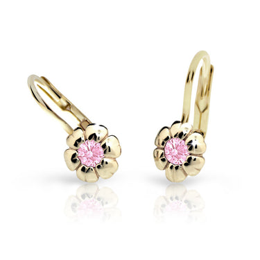 Dětské náušnice Danfil kytičky C2151 ze žlutého zlata s kamínkem Pink, zapínání klapka