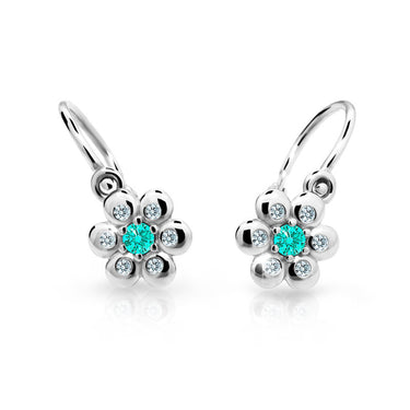 Dětské náušnice Danfil kytičky C2247 z bílého zlata s kamínkem Mint Green, zapínání brizura
