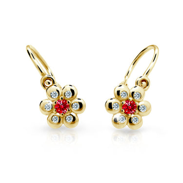 Dětské náušnice Danfil kytičky C2247 ze žlutého zlata s kamínkem Ruby Dark, zapínání brizura