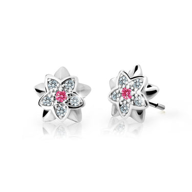 Dětské náušnice Danfil kytičky C2210 z bílého zlata s kamínkem Tcf Red, zapínání balónek
