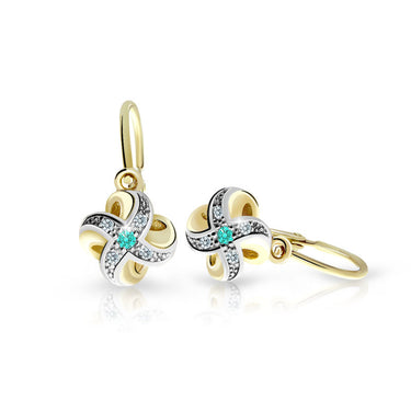 Dětské náušnice Danfil C2262 ze žlutého zlata s kamínkem Mint Green, zapínání brizura