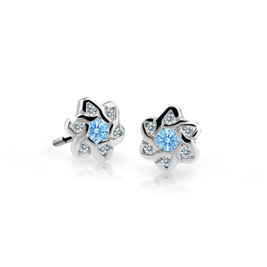 Dětské náušnice Danfil kytičky C2149 z bílého zlata s kamínkem Arctic Blue, zapínání balónek