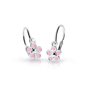 Dětské náušnice Danfil kytičky C2744 z bílého zlata s kamínky Pink, zapínání brizura