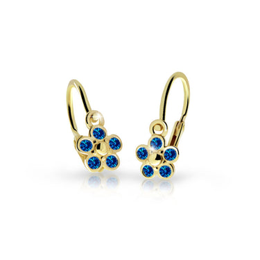 Dětské náušnice Danfil kytičky C2744 ze žlutého zlata s kamínky Dark Blue, zapínání brizura