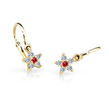 Dětské náušnice Danfil hvězdičky C2118 ze žlutého zlata s kamínkem Ruby Dark, zapínání brizura