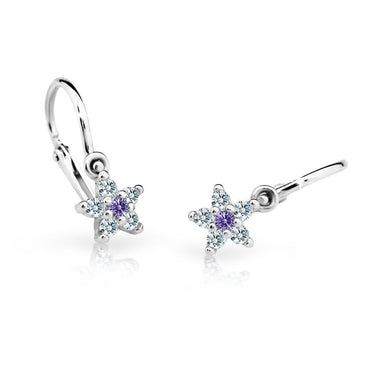 Dětské náušnice Danfil hvězdičky C2118 z bílého zlata s kamínkem Amethyst, zapínání brizura