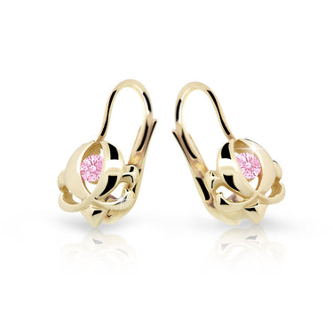 Dětské náušnice Danfil C2218 ze žlutého zlata s kamínkem Pink, zapínání klapka