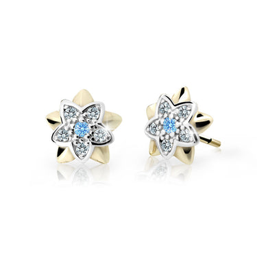 Dětské náušnice Danfil kytičky C2210 ze žlutého zlata s kamínkem Arctic Blue, zapínání balónek