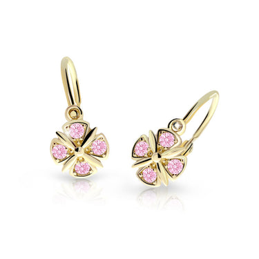 Dětské náušnice Danfil C2245 ze žlutého zlata s kamínky Pink, zapínání brizura
