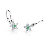 Dětské náušnice Danfil hvězdičky C2118 z bílého zlata s kamínkem Emerald Green, zapínání brizura