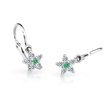 Dětské náušnice Danfil hvězdičky C2118 z bílého zlata s kamínkem Emerald Green, zapínání brizura