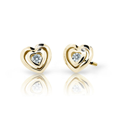 Dětské náušnice Danfil srdíčka C2177 ze žlutého zlata s kamínkem White, zapínání balónek