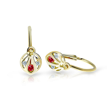 Dětské náušnice Danfil C2265 ze žlutého zlata s kamínkem Ruby Dark, zapínání brizura