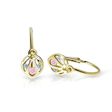 Dětské náušnice Danfil C2265 ze žlutého zlata s kamínkem Pink, zapínání brizura