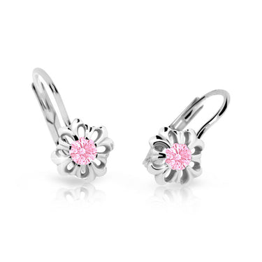 Dětské náušnice Danfil kytičky C2208 z bílého zlata s kamínkem Pink, zapínání klapka