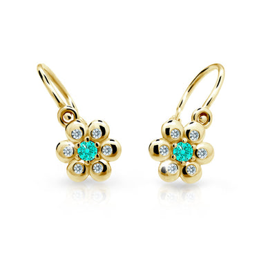 Dětské náušnice Danfil kytičky C2247 ze žlutého zlata s kamínkem Mint Green, zapínání brizura