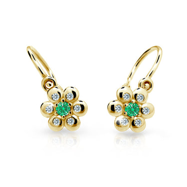 Dětské náušnice Danfil kytičky C2247 ze žlutého zlata s kamínkem Emerald Green, zapínání brizura