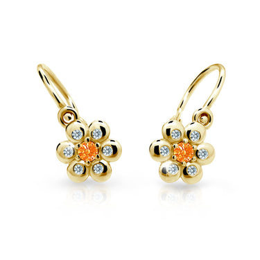 Dětské náušnice Danfil kytičky C2247 ze žlutého zlata s kamínkem Orange, zapínání brizura