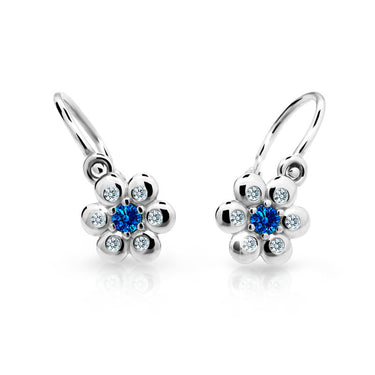 Dětské náušnice Danfil kytičky C2247 z bílého zlata s kamínkem Dark Blue, zapínání brizura