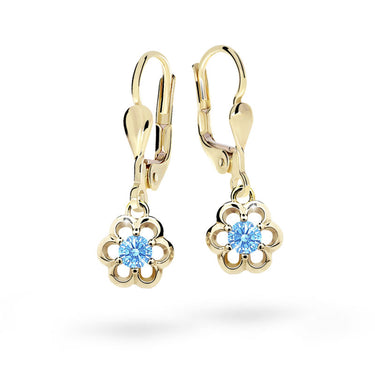 Dětské visací náušnice Danfil kytičky C1947 ze žlutého zlata s kamínkem Arctic Blue, zapínání klapka