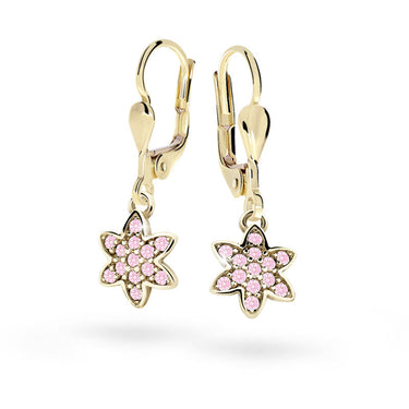 Dětské visací náušnice Danfil kytičky C2206 ze žlutého zlata s kamínky Pink, zapínání klapka