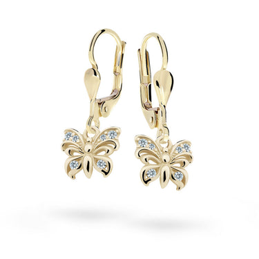 Dětské visací náušnice Danfil motýlci C2226 ze žlutého zlata s kamínky White, zapínání klapka