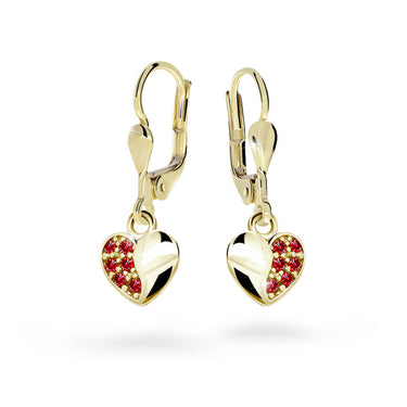 Dětské visací náušnice Danfil srdíčka C2160 ze žlutého zlata s kamínky Ruby Dark, zapínání klapka