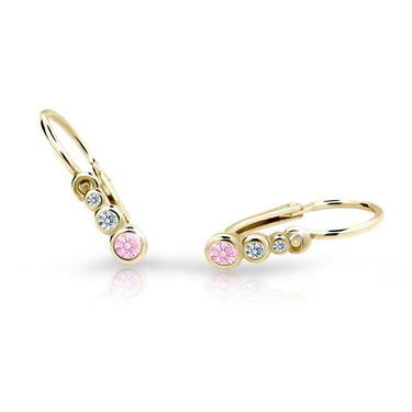 Dětské náušnice Danfil C2255 ze žlutého zlata s kamínky Pink, zapínání brizura