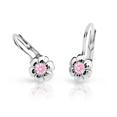 Dětské náušnice Danfil kytičky C2151 z bílého zlata s kamínkem Pink, zapínání klapka