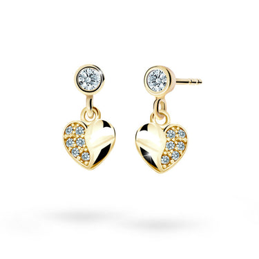 Dětské visací náušnice Danfil srdíčka C2160 ze žlutého zlata s kamínky White, zapínání balónek