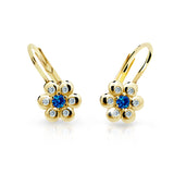 Dětské náušnice Danfil kytičky C2247 ze žlutého zlata s kamínkem Dark Blue, zapínání klapka