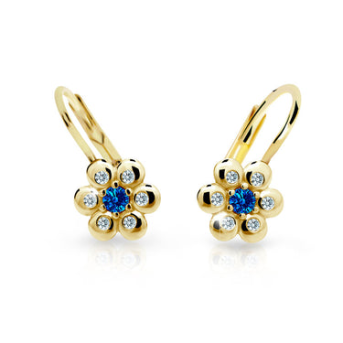 Dětské náušnice Danfil kytičky C2247 ze žlutého zlata s kamínkem Dark Blue, zapínání klapka