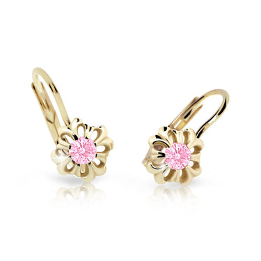 Dětské náušnice Danfil kytičky C2208 ze žlutého zlata s kamínkem Pink, zapínání klapka