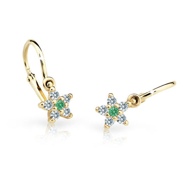Dětské náušnice Danfil hvězdičky C2118 ze žlutého zlata s kamínkem Emerald Green, zapínání brizura
