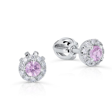 Zlaté dámské náušnice DF 3100, růžový safír s diamanty, bílé zlato