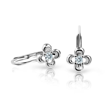 Dětské náušnice Danfil kytičky C2013 z bílého zlata s kamínkem White, zapínání klapka