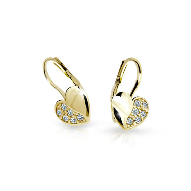 Dětské náušnice Danfil srdíčka C2160 ze žlutého zlata s kamínky White, zapínání klapka