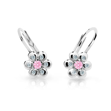 Dětské náušnice Danfil kytičky C2247 z bílého zlata s kamínkem Pink, zapínání klapka
