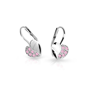 Dětské náušnice Danfil srdíčka C2160 z bílého zlata s kamínky Pink, zapínání klapka