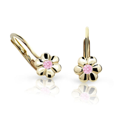 Dětské náušnice Danfil kytičky C1736 ze žlutého zlata s kamínkem Pink, zapínání klapka