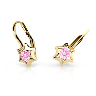 Dětské náušnice Danfil hvězdičky C2159 ze žlutého zlata s kamínkem Pink, zapínání klapka