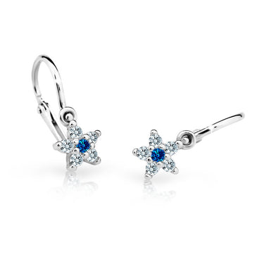 Dětské náušnice Danfil hvězdičky C2118 z bílého zlata s kamínkem Dark Blue, zapínání brizura