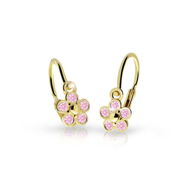 Dětské náušnice Danfil kytičky C2744 ze žlutého zlata s kamínky Pink, zapínání brizura