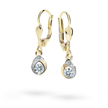 Dětské visací náušnice Danfil kapky C1898 ze žlutého zlata s kamínky White, zapínání klapka