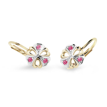 Dětské náušnice Danfil kytičky C2230 ze žlutého zlata s kamínky Tcf Red, zapínání klapka