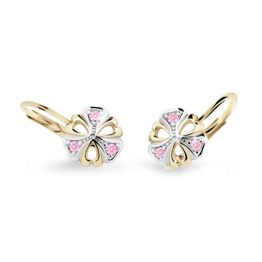Dětské náušnice Danfil kytičky C2230 ze žlutého zlata s kamínky Pink, zapínání klapka