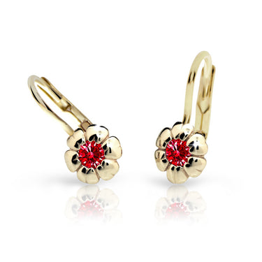 Dětské náušnice Danfil kytičky C2151 ze žlutého zlata s kamínkem Ruby Dark, zapínání klapka